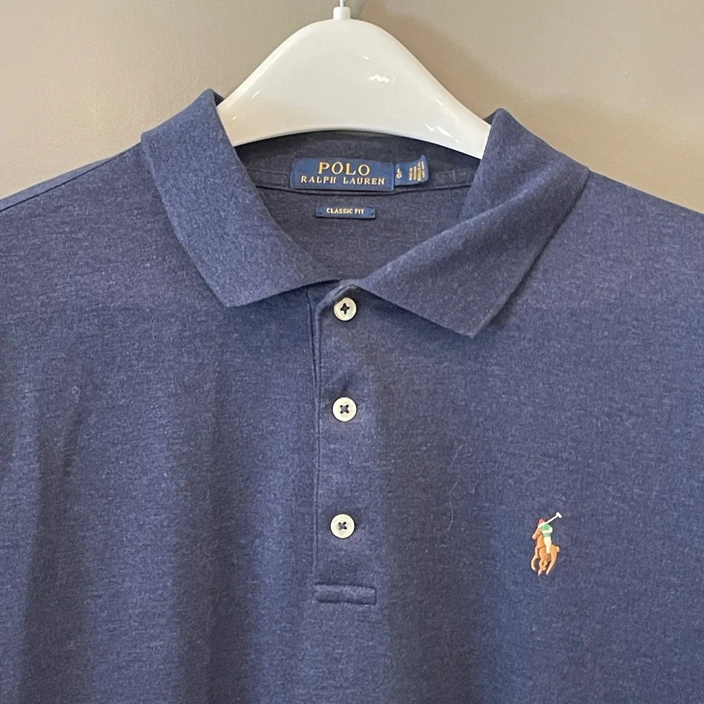 Polo Ralph Lauren Mens Classic Fit Navy Blue Heather Cotton Polo Shirt Large LG